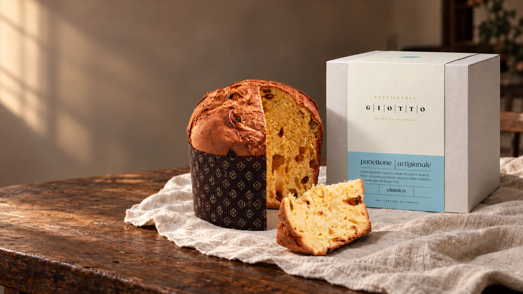 Le panettone artisanal Giotto Classico, une part coupée, à côté de son coffret, sur une table en bois.