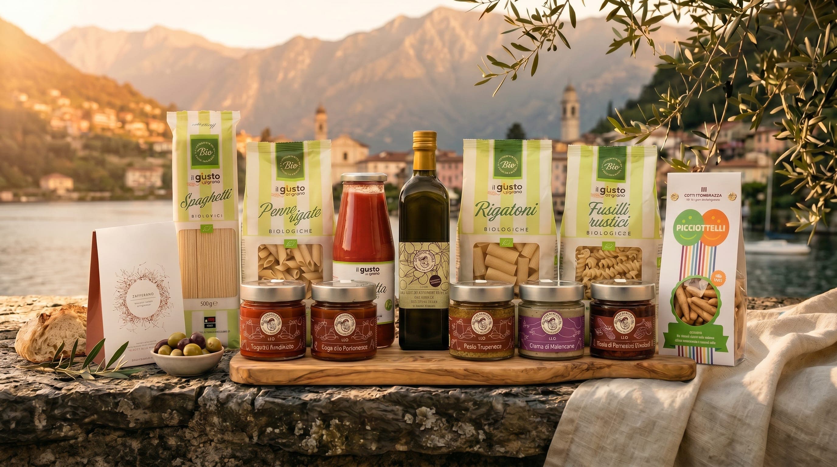 Geschenkset La Dispensa — Pasta, Saucen und Olivenöl von Gourmethica auf einer Steinterrasse an einem italienischen See, im goldenen Licht.