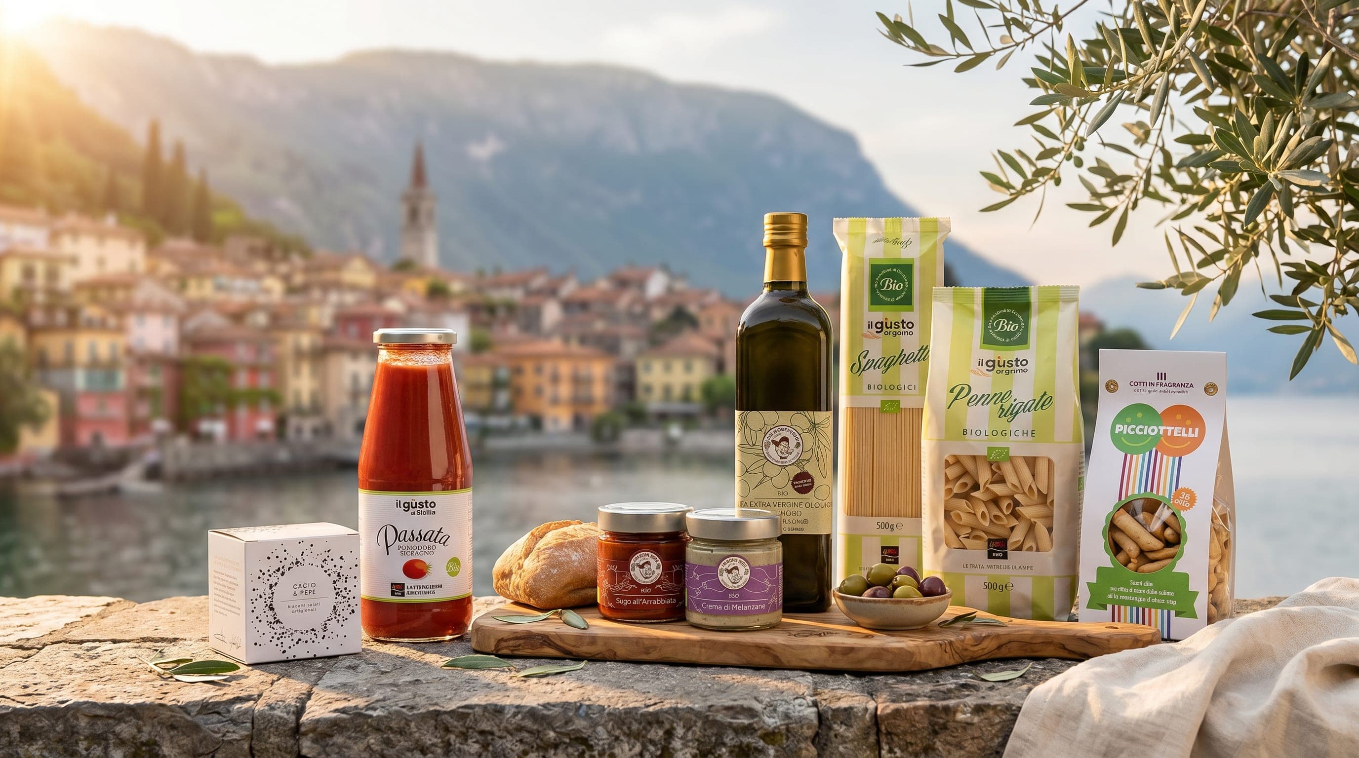 Geschenkset Prima Tavola — die Entdecker-Auswahl von Gourmethica auf einer Steinterrasse an einem italienischen See, im goldenen Licht.