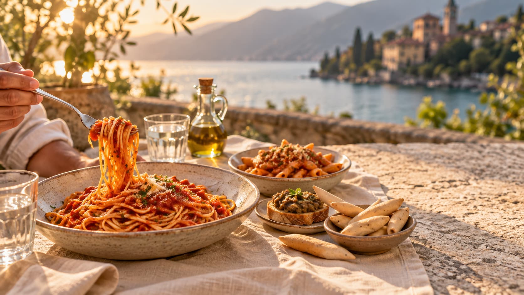 La Cena Italiana — table with pasta and toast