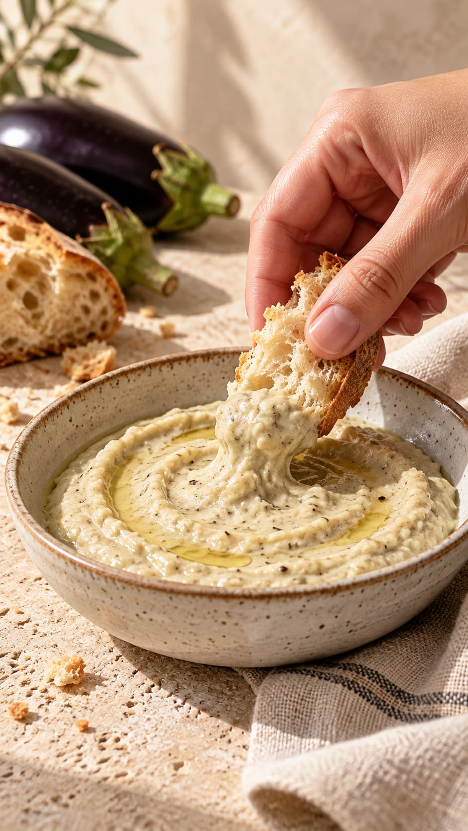 La Cena Italiana — bread dipped into a bowl of aubergine spread