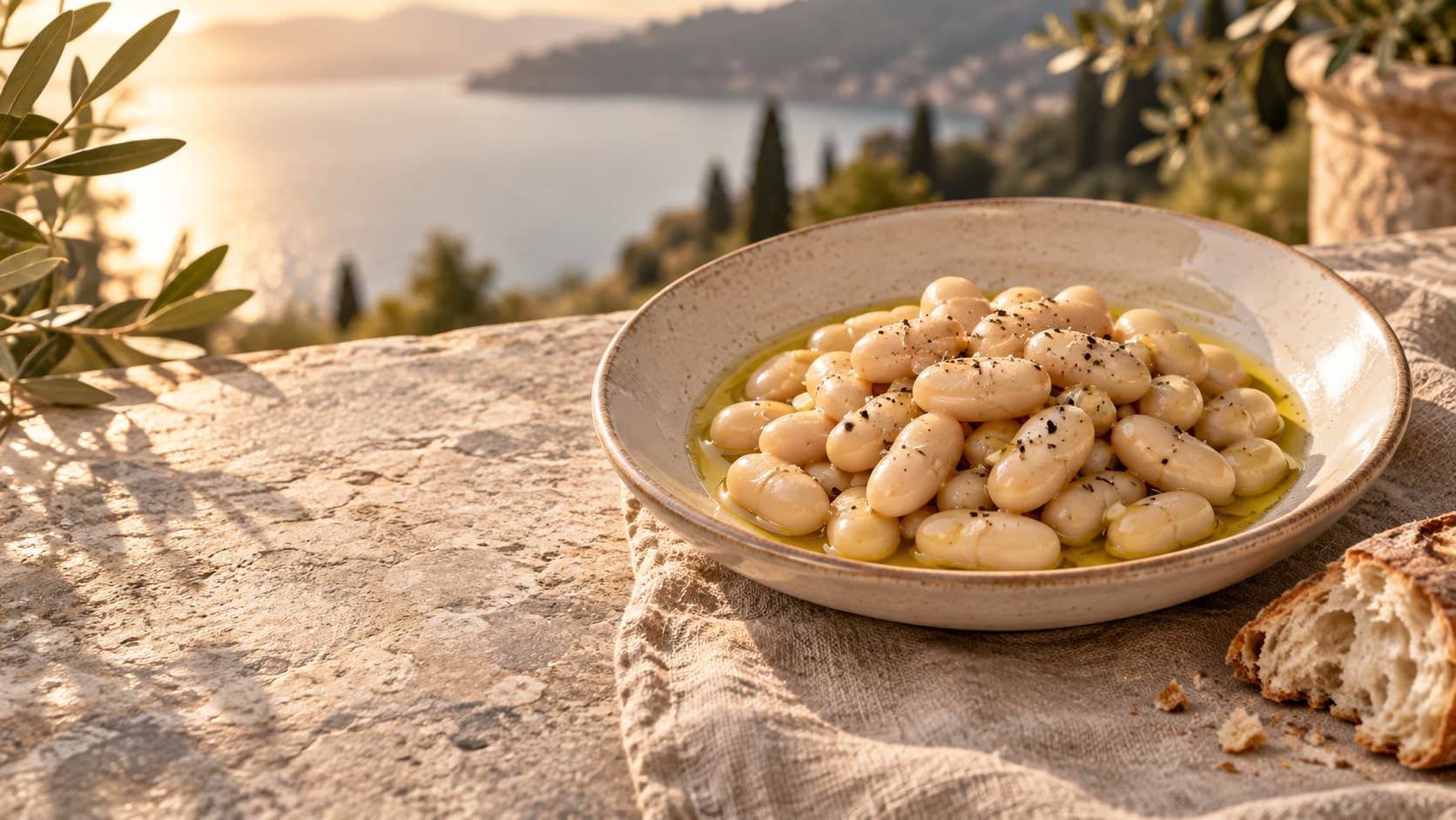 Prima Tavola — haricots blancs arrosés d’huile sur une table au bord du lac