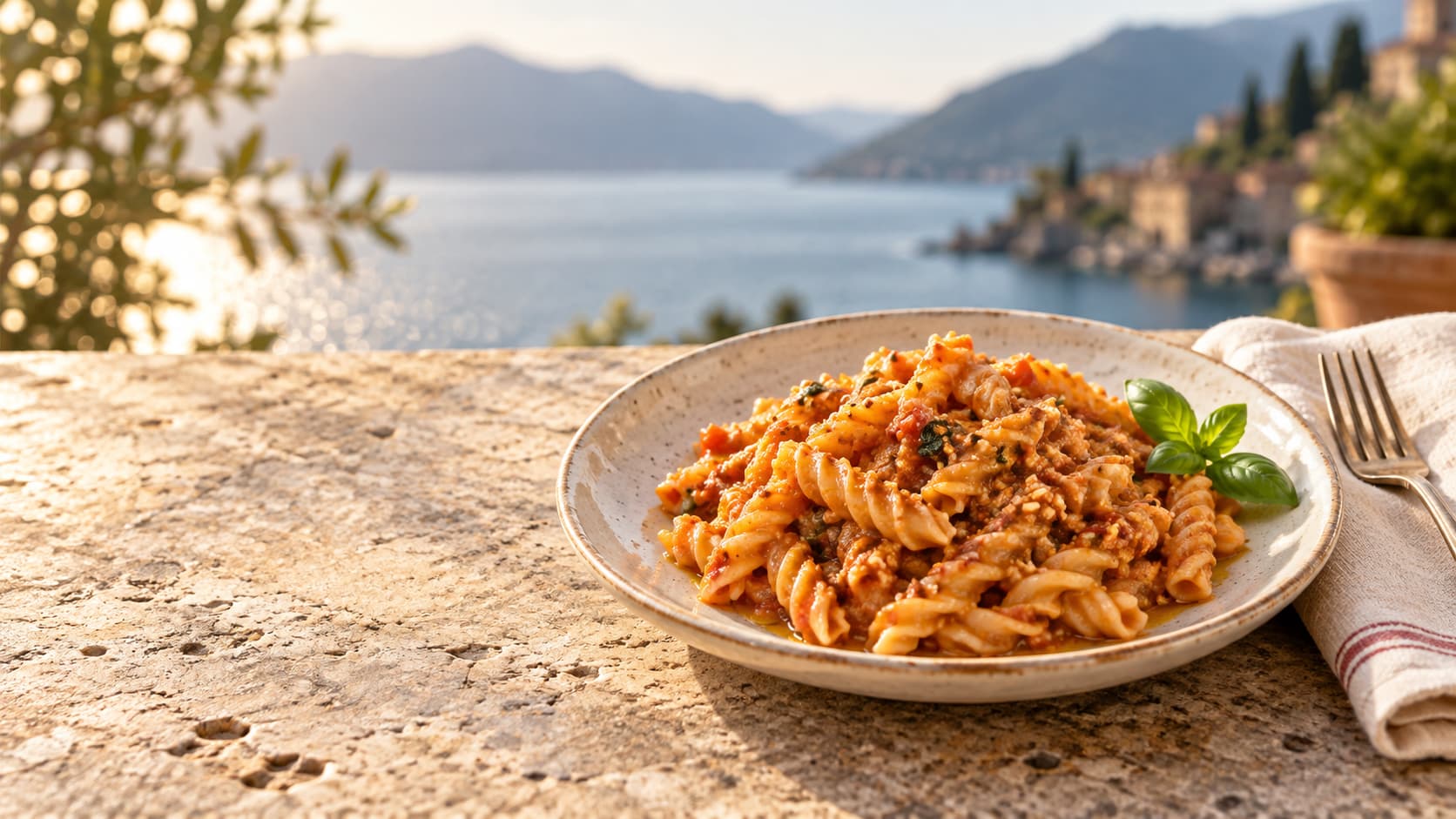 La Dispensa — pesto pasta on a lakeside table
