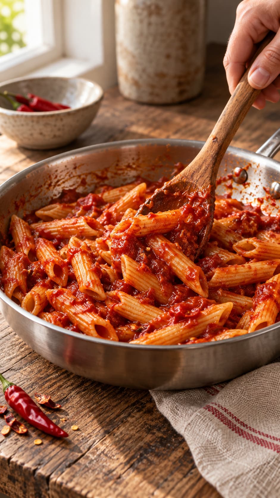La Cena Italiana — tomato penne being stirred in a pan