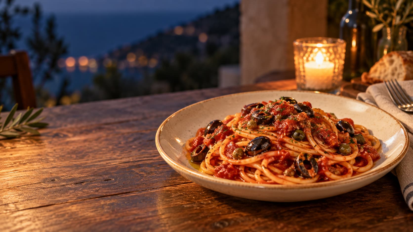 La Cena Italiana — spaghetti en sauce à une table du soir
