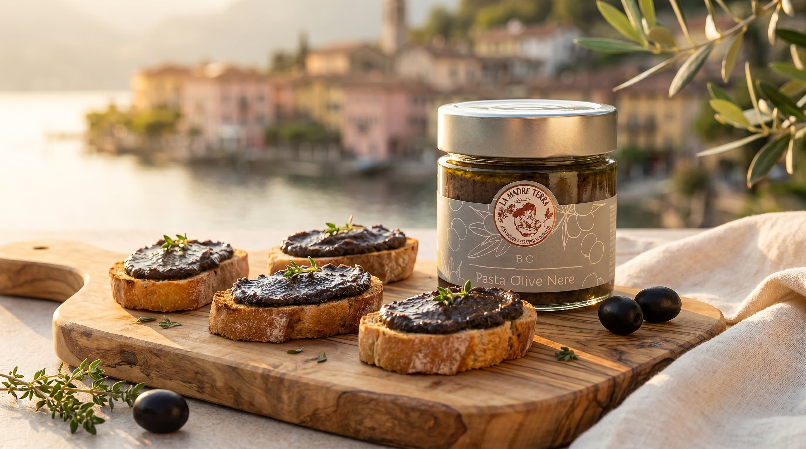 Crostini mit schwarzer Olivenpaste von Madre Terra und Olivenöl