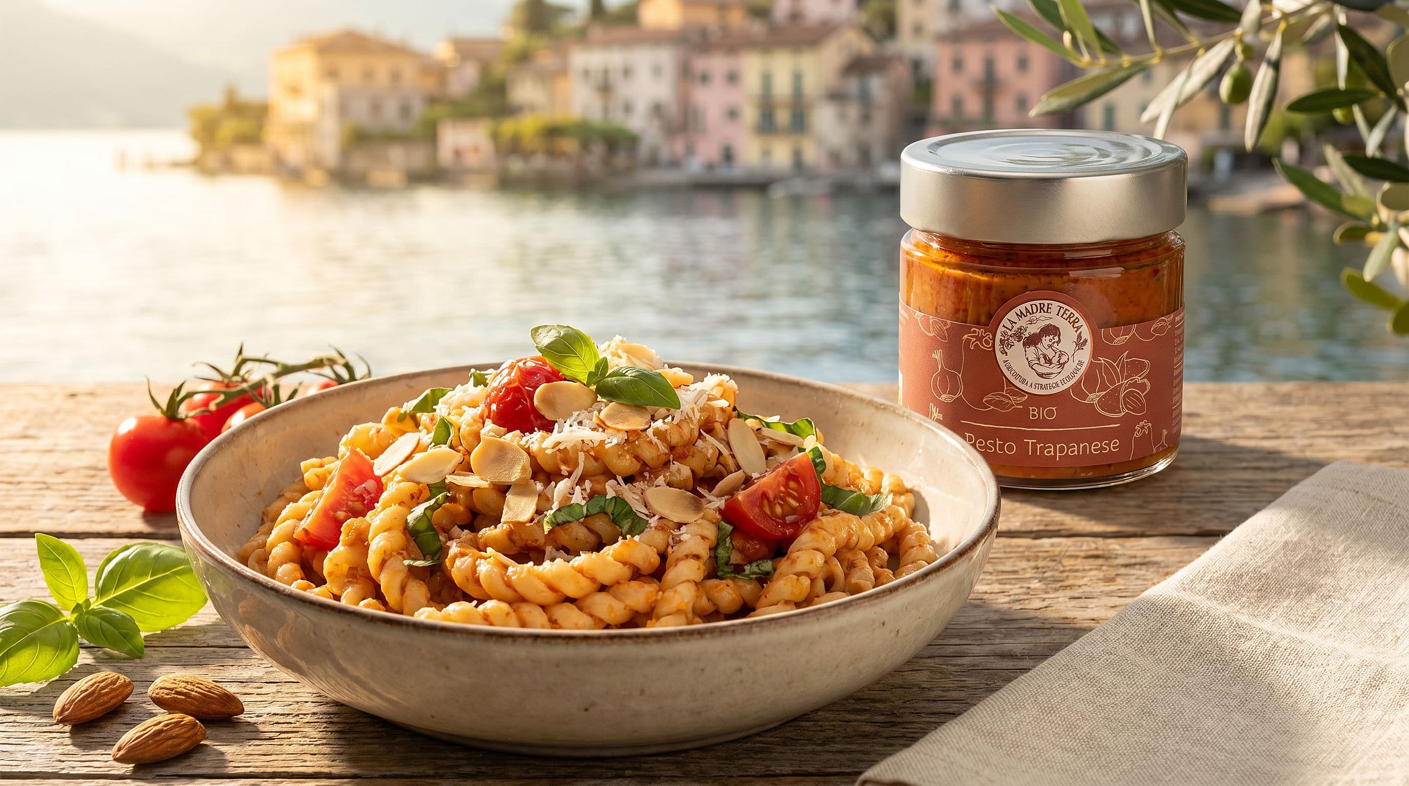 Pasta al pesto trapanese — Mandel-Tomaten-Pesto Madre Terra