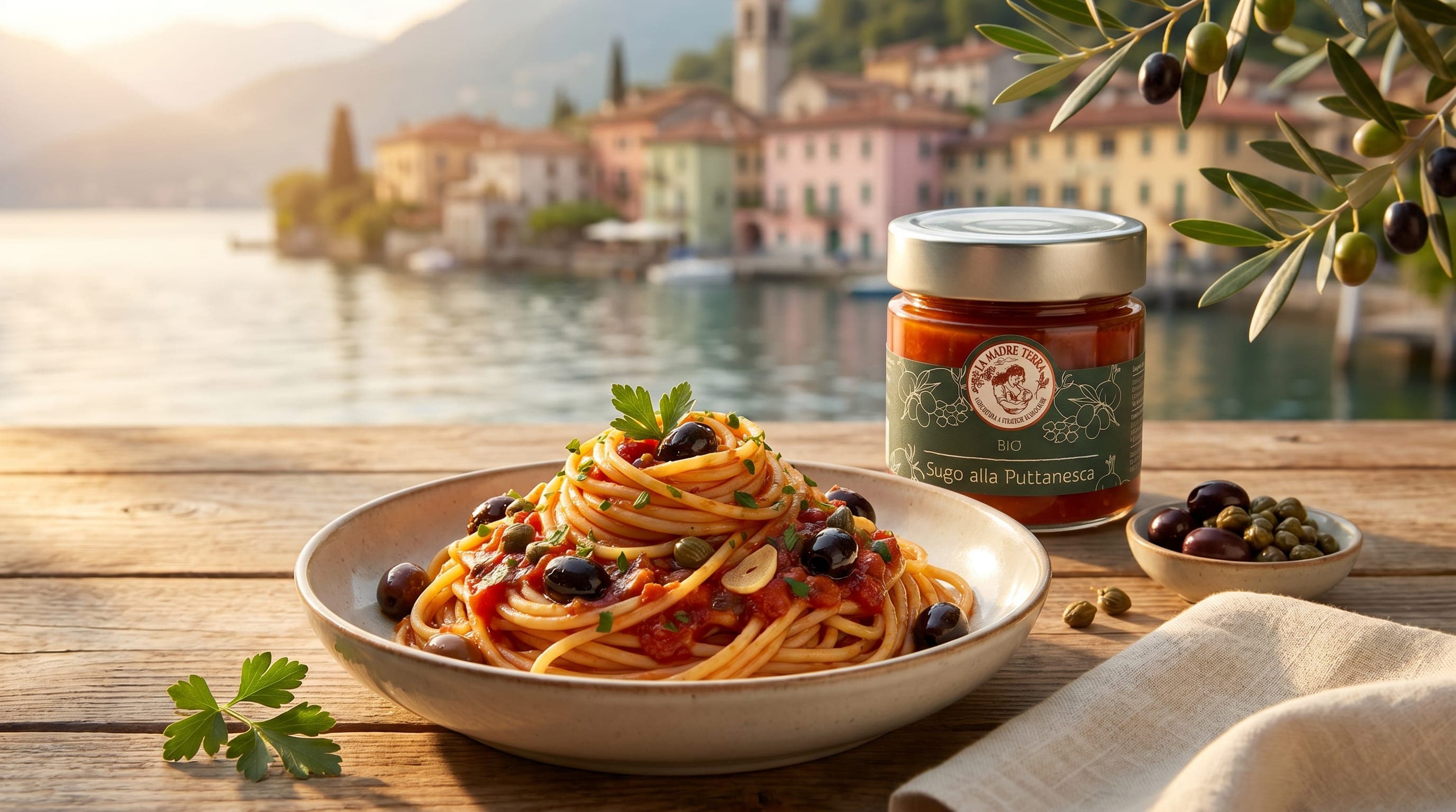 Pasta alla puttanesca mit Madre-Terra-Sugo, Oliven und Kapern