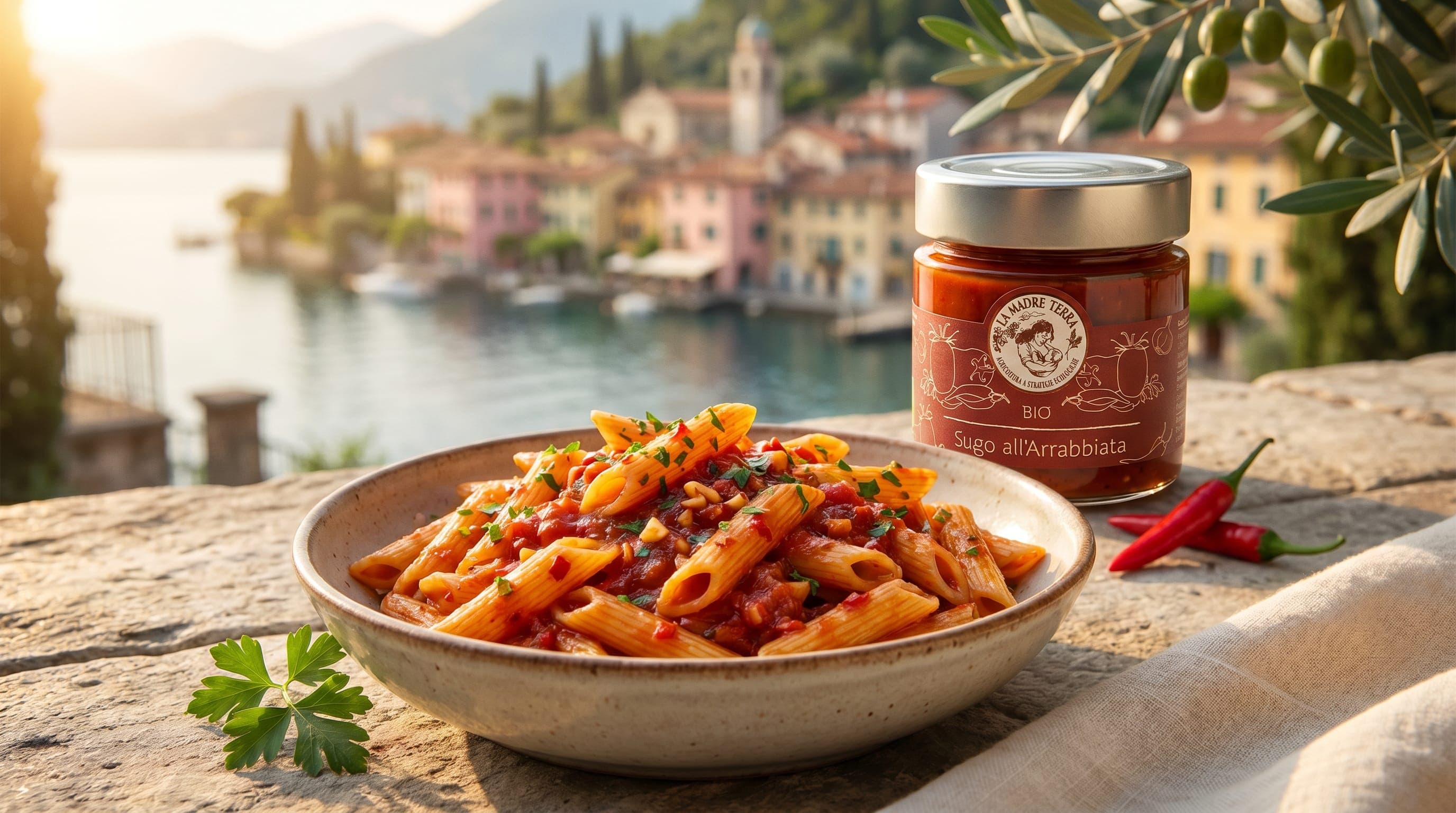 Penne all'arrabbiata mit Madre-Terra-Sugo, Tomate und Peperoncino