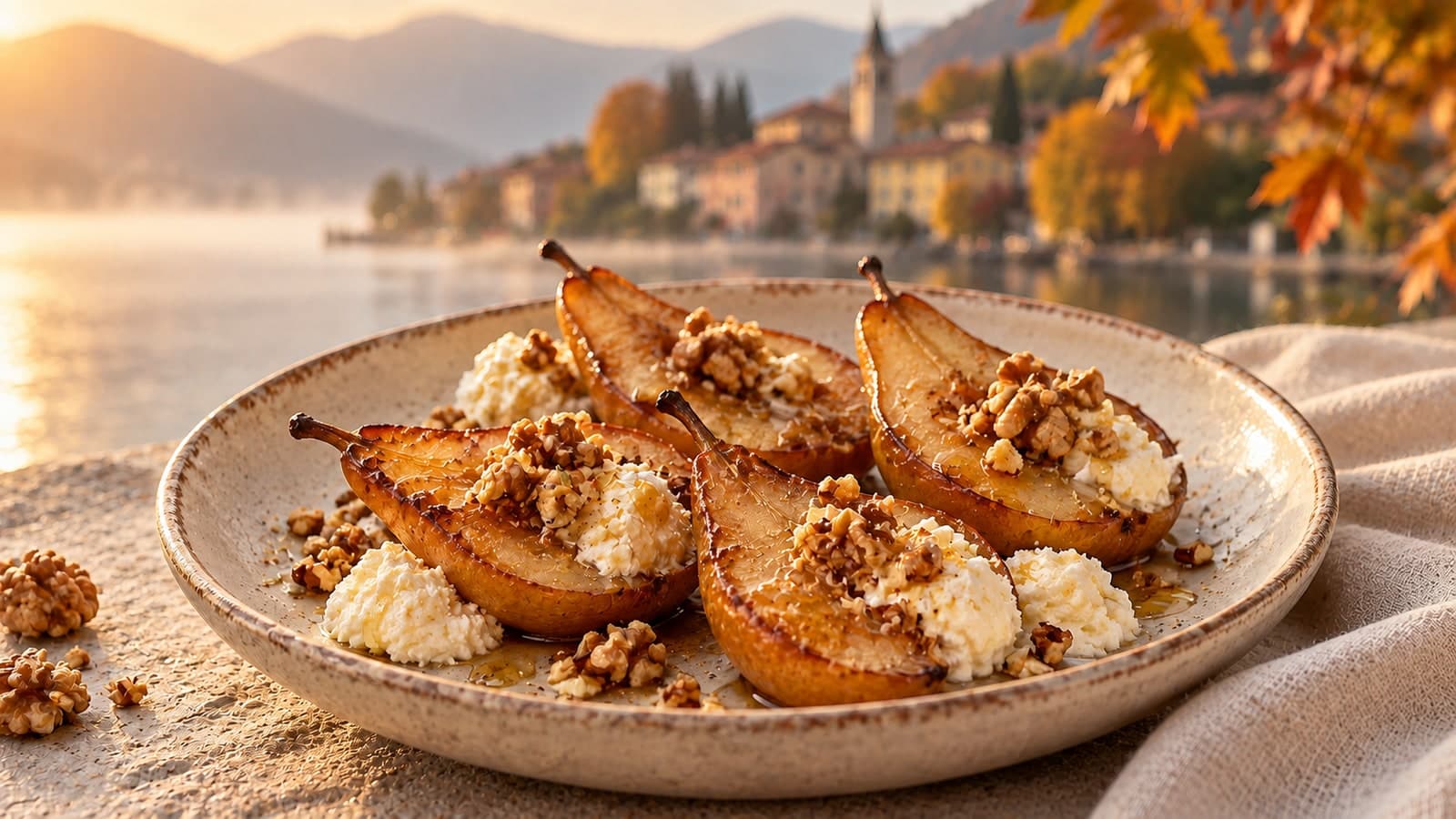 Poires rôties au miel, ricotta et noix