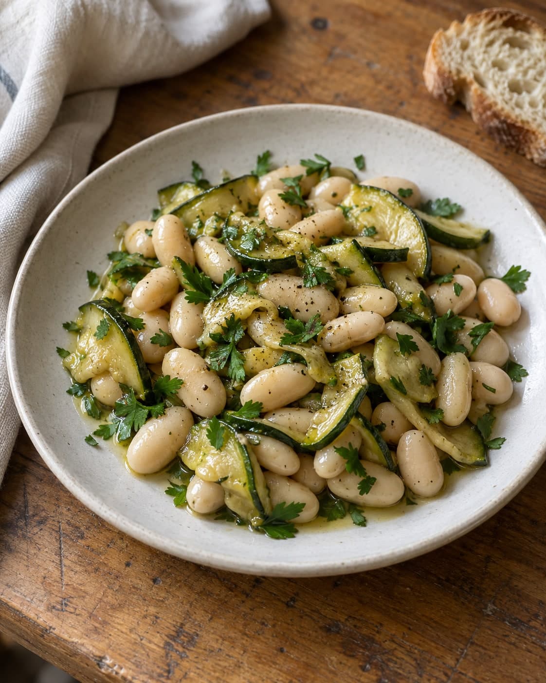 Salade tiède de haricots blancs aux courgettes marinées