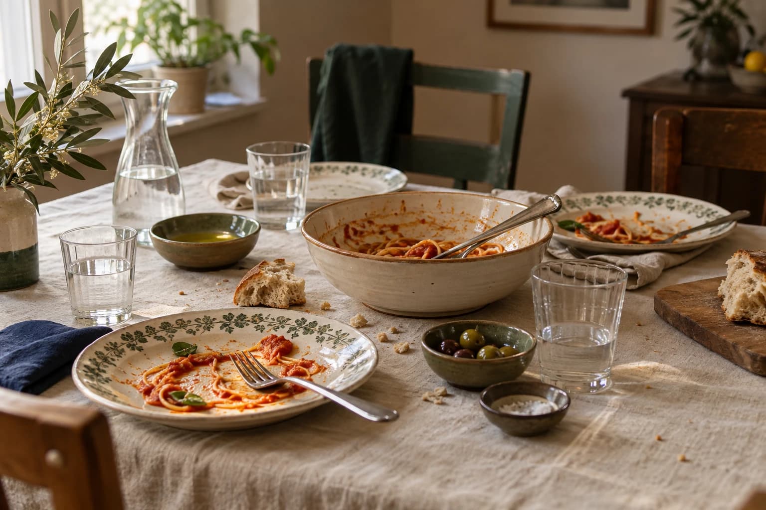 A shared table after a meal: partly enjoyed plates, bread, olives and water glasses on natural linen