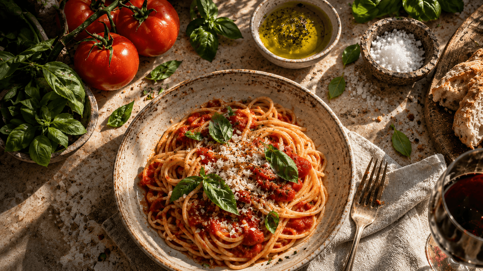 Table italienne autour d’un plat de spaghetti partagé