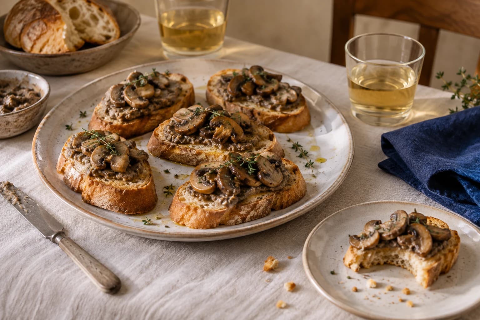 Crostini ai funghi e timo, con una fetta già assaggiata, su una tavola di lino con un tovagliolo blu